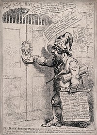 Charles James Fox as a newsboy delivering newspapers to the Treasury, spreading panic and advertising his suitability for a government post. Etching by James Gillray.