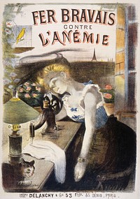 A Parisian seamstress suffering from anaemia is pale and weary at her sewing machine and drops her scissors; advertising the medicine Fer Bravais for anaemia. Colour lithograph by A.-L. Willette, 1896.