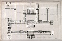 The floor plan with scale of the Criminal Lunatic Asylum, Dundrum, Dublin, Ireland. Transfer lithograph by J.R. Jobbins, 1850, after J. Owen.