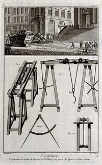 A sculpture in a barrow drawn along on a sledge to its intended location in a church; with diagrams below of the machinery for positioning it. Engraving by R. Bénard after P. Falconet and Bourgeois.