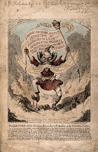 A fiery demon representing the chaos of the Paris Commune and more generally, the infernal results of the ideals of the French Revolution. Coloured etching by G. Cruikshank, 1871.