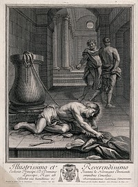 Christ lies on the ground, beaten and mocked. Etching by L. Simonneau after himself.
