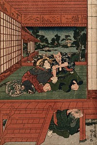 A scene of jealousy; a bespectacled older man spies on a couple from beneath a verandah. Coloured woodcut by Kunisada I, ca. 1830 .