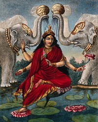 Lakshmi being anointed by the elephants of the directions. Chromolithograph.