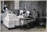 Boer War: two wounded men, one Boer and one British, playing at cards in a hospital ward as a nurse looks on. Pen and ink drawing by G. B.