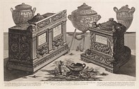 Marble urns and vases, and lamps. Etching by G.B. Piranesi, ca. 1770.