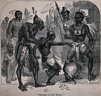 Methods of torture in Africa: a man is forced to catch a very hot iron ring with his bare hands above a cauldron over a fire. Wood engraving by H.S. Melville.