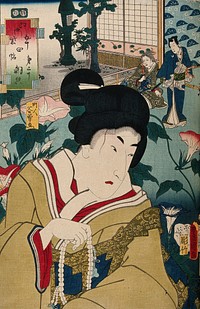 A female role actor with strong male features, holding prayer beads. Colour woodcut by Kunisada, 1852.
