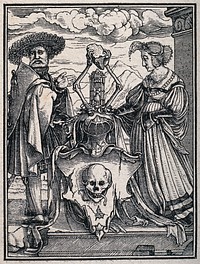 A coat of arms, depicting a skull, is flanked by a man and a woman. Lithograph after a woodcut.