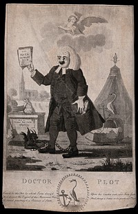 A man in a wig is holding a book aloft as a devil on the ground holds a chain attached to his ankle; a stork has alighted on a basket and a hand places a bag of money on a tombstone. Aquatint by L.R. after O.P.