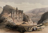 Rock temple of el-Derr at Petra. Coloured lithograph by Louis Haghe after David Roberts, 1849.