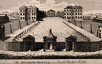 The Foundling Hospital, Holborn, London: a bird's-eye view of the courtyard. Engraving, 1753.