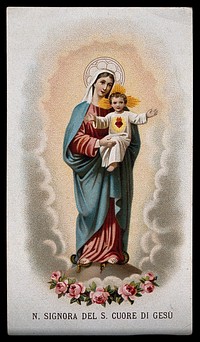 Saint Mary (the Blessed Virgin) with the Christ Child. Colour lithograph, 1870.