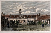 Emanuel Hospital, Tothill Street, Westminster. Coloured wood engraving by J. W., ca. 1868.