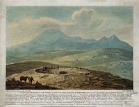 Iceland: the mound and pipe from which a geyser issues, as shown immediately after an eruption. Coloured aquatint by F. Chesham, 1798.