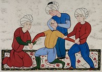 A Persian surgeon performing an eye operation on a man held by two other men. Painting, ca. 1900.