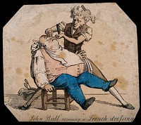A French barber shaving John Bull. Coloured etching.