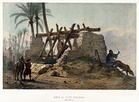 A well with water raising machinery being driven by ponies in Baghdad. Coloured lithograph.