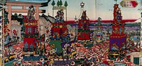 Edo (Tokyo): Kanda Festival Procession: four large, elaborately decorated floats are shown being pulled through the city. Colour woodcut by Yoshifuji, 1884.