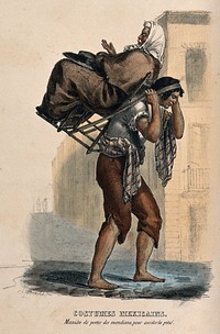 A man in Mexico is carrying a blind old man in a chair on his back in order to attract alms. Coloured lithograph by C. Linati, 1828.