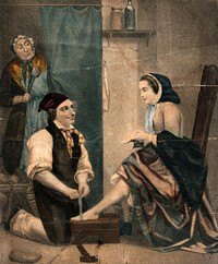 A shoemaker measures up the feet of a young woman who is sitting on a chair holding a shoe in her hand; they exchange looks as they are watched by a displeased woman (his wife) who is holding a spoon. Coloured lithograph.