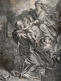 Saint Francis of Assisi receiving the infant Christ from the Virgin Mary; three cherubs are watching the scene. Engraving, 1680/1750.