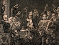 A king sits drinking at a table surrounded by revelling courtiers and a man about to vomit. Engraving after J. Jordaens, c. 1640.