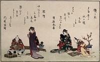 Left, a seated craftsman examines a koto, watched by a standing woman holding a shamisen ; right, a mirror maker works while a woman looks at her reflection in a mirror. Colour woodcut by Sori III, 1800.