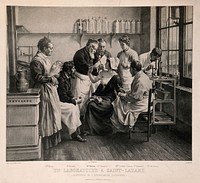 An injection at the Hôpital Saint-Lazare, Paris. Lithograph by E. Pirodon after J.R. Story.