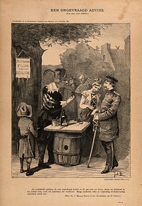 An apothecary sells tablets to the King and Queen of the Netherlands the 'socialist epidemic' ostensibly sweeping through Europe. Reproduction of a lithograph by J. Braakensiek, 1890.