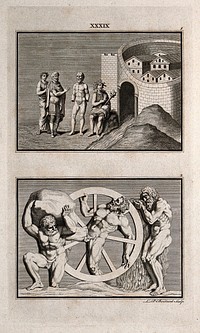 Medusa and other figures; Sisyphus, Ixion and Tantalus. Etching by L.P. Boitard.
