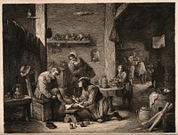 A rural surgeon treating an elderly man's foot, in the background an assistant is mixing a concoction with a pestle and mortar amidst a busy workshop. Etching by W. Unger after D. Teniers, the younger.