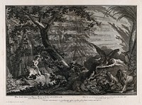Adam and Eve cover their nakedness as God makes his wrath felt in the Garden of Eden. Etching by J.E. Ridinger after himself, c. 1750.