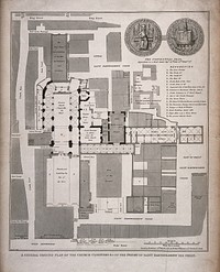 St Bartholomew's Priory, London: the ground plan, with a key, scale, and depiction of the conventual seals. Engraving by T. Bourne, 1821.