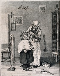 A barber cutting a boy's hair. Lithograph.