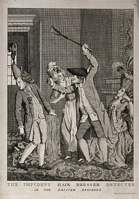 A man with a shovel attempting to hit a hair-dresser (who is also being attacked by a small dog); a maid-servant tries to restrain him; an extravagantly dressed woman looks on. Engraving, 1778.