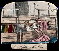 A man is dipping cloth into a large dyeing vat. Coloured lithograph.