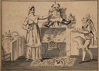 Baron Donderdronkdickdorff and Miss Quoltz: after their wedding, they quarrel and are surprised by a servant. Etching, 1810, attributed to I. Cruikshank and/or G. Cruikshank.