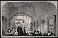 Crimean War: interior of the Barrack hospital, Scutari, Turkey. Wood engraving.