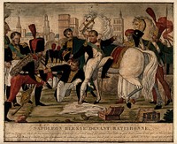 Battle of Ratisbon: Napoleon, shot in the ankle, mounts his horse to join battle before the dressing of the wound is finished. Coloured engraving after C. Gautherot, 1828.