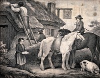 A man is thatching the roof of a cottage as a boy brings a bowl of water for the horses to drink. Lithograph after George Morland.