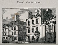 The residence of Sir Isaac Newton on the corner of Orange Street and St. Martin's Street, London: the Orange Street frontage. Wood engraving, 18--.