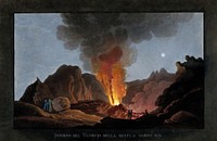 An eruption of Vesuvius at night, 1829, showing the inside of the crater with smoke, fire and lava, and spectators looking on. Coloured aquatint.