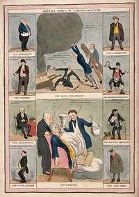 Vignettes of Peel's first ministry surrounded by eight figures representing certain professions. Coloured lithograph, 1835.