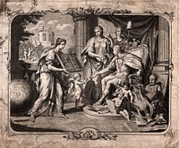 Astronomy: a muse shows a treatise on the stars to a ruler, surrounded by putti with attributes of the arts and sciences, in the background an observatory [Greenwich]. Engraving.