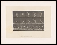 A naked man throws a rock with his right hand, briefly jumping as he does, landing on his right leg, leaning forwards, his left leg and right arm stretched out. Collotype after Eadweard Muybridge, 1887.