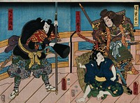 Actors on a bridge at night: two heavily armed warriors (Yoroku and Usumaru) confront a youth (Saraka-maru). Colour woodcut by Kunisada I, 1857.