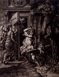 Harpies try to keep open the doors of the temple of Janus, but they are clubbed by Hercules. Mezzotint by A. Blooteling after G. Lairesse.