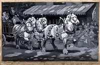 A coach drawn by three horses in ornate harness past a group of elegantly dressed onlookers seated beneath a canvas awning. Gouache painting by D.B. Waters, 1903.