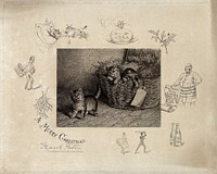 Three kittens are climbing out of a straw-filled hamper; vignettes show christmas paraphernalia, e.g. mistletoe. Etching by F. Paton.